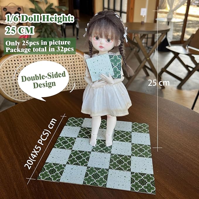 Halandar Dollhouse Flooring Tiles on 1/12 1/6 Scale Miniature Decor Accessories 32pcs Double-Sided