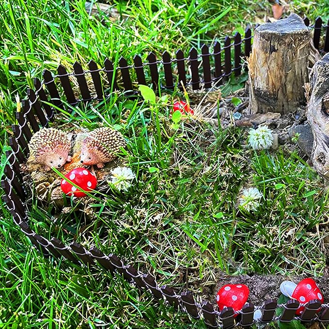 CooBigo 6 Pack Mini Mushroom & Resin Hedgehogs Figurines Micro Wood Mushroom for Fairy Garden Wild Landscape Pots Handmade DIY Decor Accessories