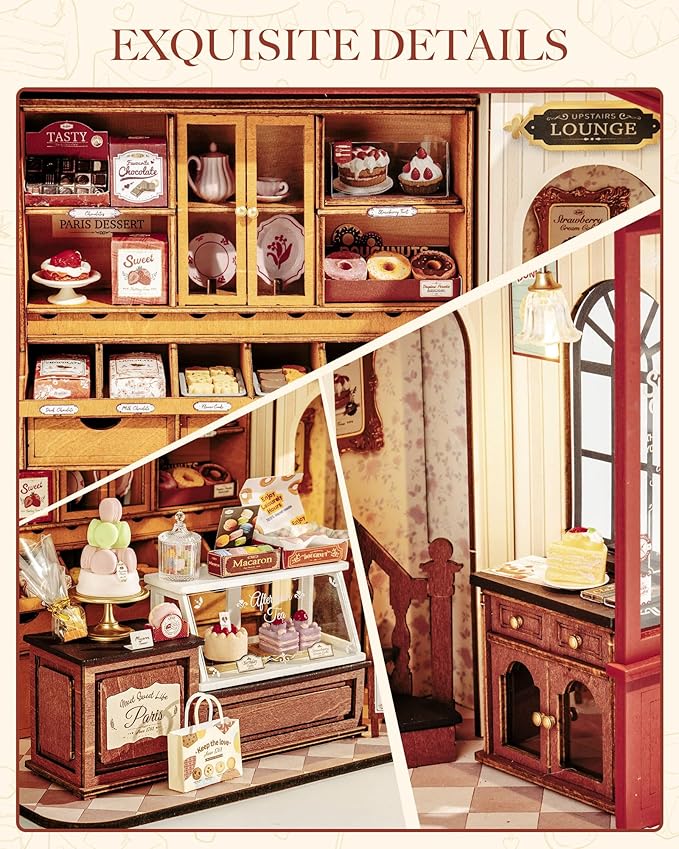 Rolife DIY Dollhouse Miniature House Kit 1:18 Vintage French Dessert Shop, Wooden Diorama Model Kit Mini House to Build with LED, Arts and Crafts for Adults Home Decor Creative Gift for Boys Girls
