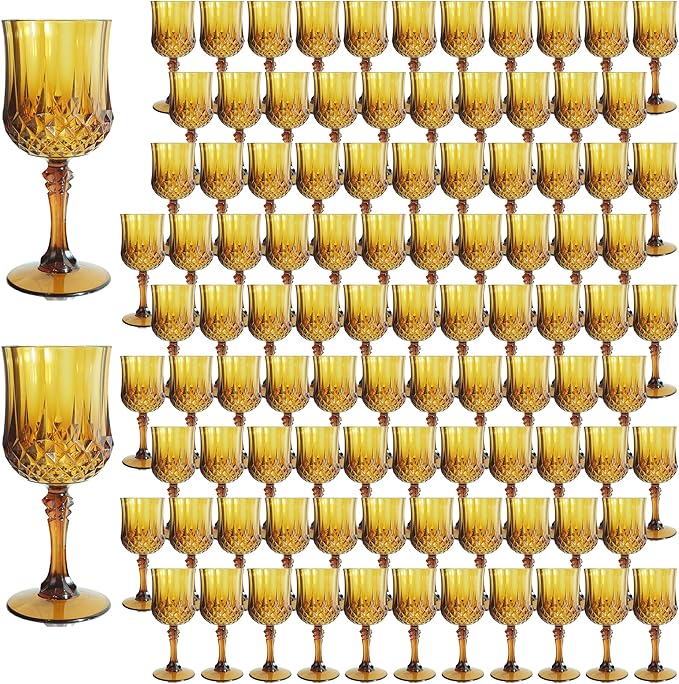 LEYIQU Plastic Wine Glasses, Plastic Goblets Vintage Style Cordial Drinking Glasses for Valentine’s Day, Wedding Reception, Grand Event Party Supplies (100, Amber)