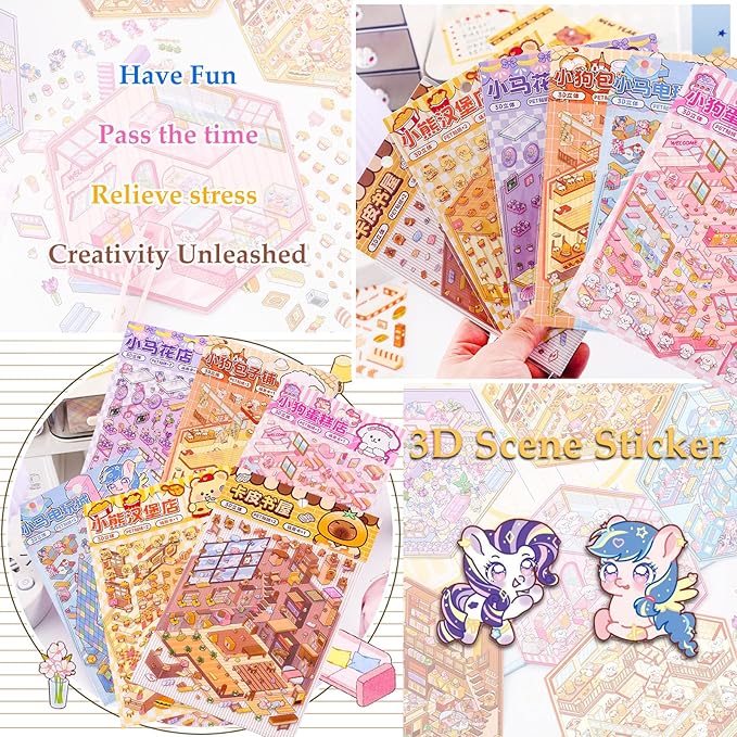 DIY 3D House Sticker, Stocking Stuffer, 6 Sets of Sticker Make Your Own Mini Shop Scenes Stickers for Kids Kawaii Cartoon Scene Stickers for Adult Relief Stress, Holiday & Christmas Fun