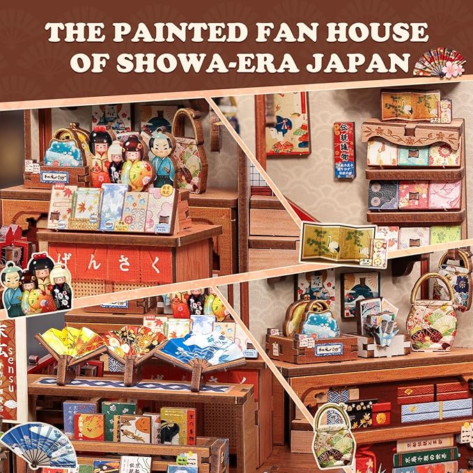 Cutefun Book Nook Kit - DIY Miniature House Kit for Adults, Teens and Beginners, Japanese Booknook Tiny House Bookshelf Decor 3D Wooden Puzzles, Gifts for Friends & Family (Folding Fan Shop)