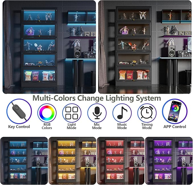 Display Cabinet with Acrylic Glass Doors,5-Tiers Curio Cabinet with LED Lighting for Collectibles, Collectibles Toy Organizers Rack & Display Shelf Display Case Storage Cabinet, Black