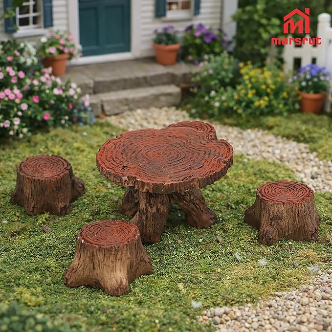 5Pcs Miniature Table and Chairs Set Fairy Garden Accessories, Mini Resin Village Furniture Ornaments Kit for DIY Craft Gift Dollhouse Succulents Home Outdoor Decoration