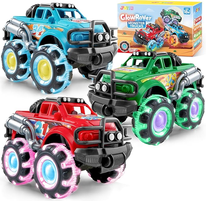 3Pack Monster Truck Toy - Toy Truck with Flashing LED Wheels - Light-Up Cars for Toddlers - Easter Basket Stuffers Birthday Gift for Boys Girls - Friction-Powered