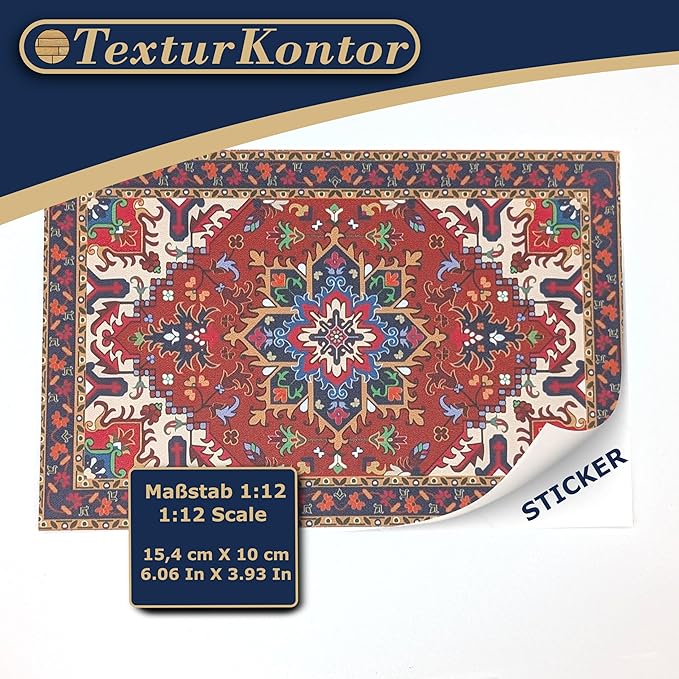 Self-Adhesive Carpet with Real Textile Structure for Dollhouses Scale 1:12 (Oriental Carpet Red 2)