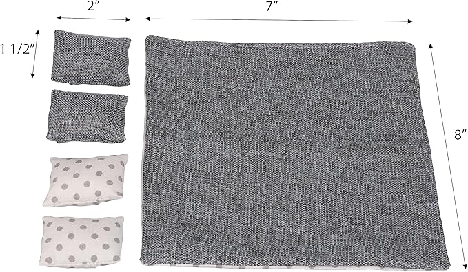 Dollhouse Bedding, 5 Piece Set with Comforter & Pillows, Blanket, Realistic Bedroom Accessories for 6 inch Dolls, 1/12 Scale, Gray and White Linen
