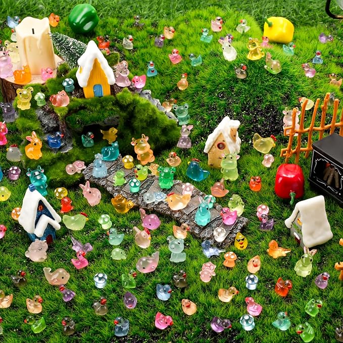 200 Pcs Luminous Mini Resin Animals 12 Styles Glow in The Dark Tiny Ducks Rabbits Frogs Mushrooms Figurines to Hide Small Miniature Figures for Garden Fairy Decor Dollhouse Aquarium DIY Crafts