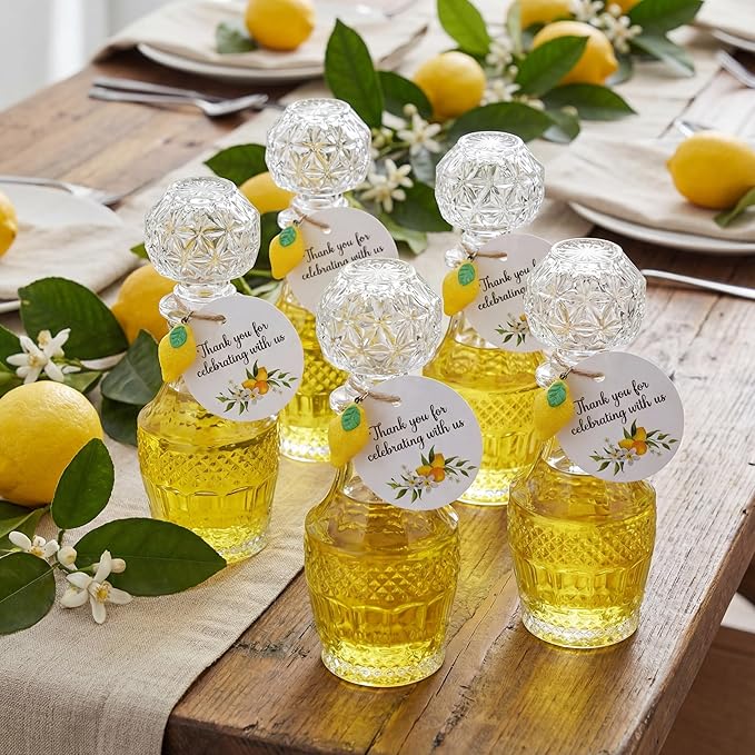 Chuangdi 16 Sets Mini Limoncello Glass Bottles Limoncello Bottles with Labels 1.7 oz Lemon Pendants Lemon Party Favors for Homemade Brewing Wedding Baby Shower Gifts(Fresh)