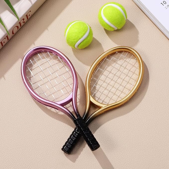 NUOBESTY 2 Sets Miniature Tennis Rackets and Balls Model Mini Plastic Tennis Racket and Ball Toys for Decor Random Color
