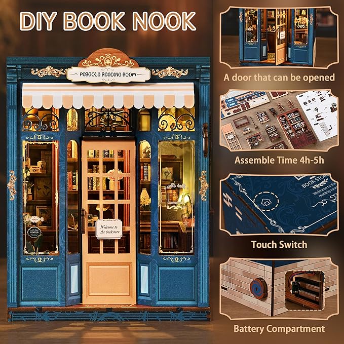 ISSEVE Book Nook Kit - DIY Miniature House Kit Book Nooks for Adults, Dollhouse Booknook Library Tiny House Bookshelf Decor 3D Wooden Puzzle Model Craft Kits Gift (Reading Room Bookstore)