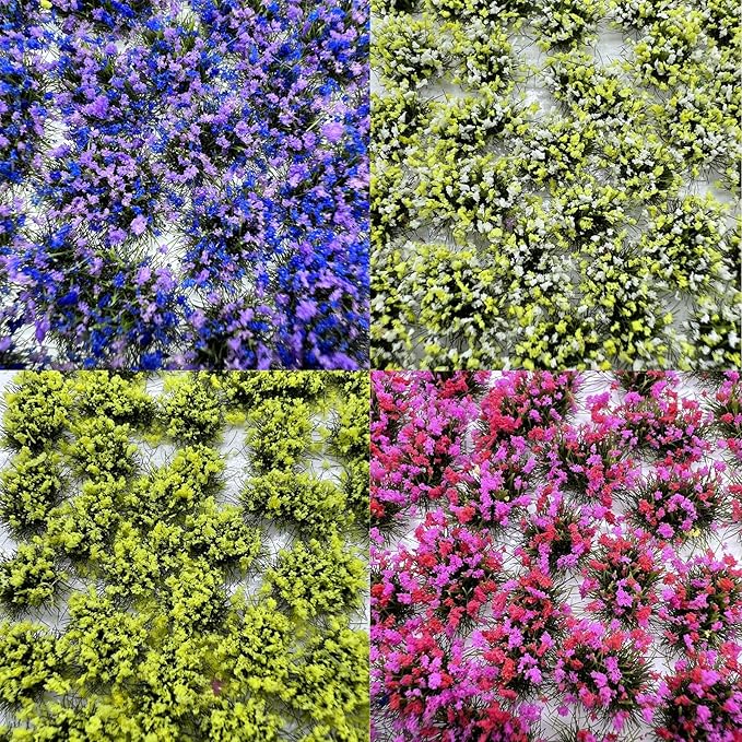Woohome 4 Pack Miniature Colorful Flower Cluster Self Adhesive Flower Vegetation Groups Static Grass Tufts for Train Landscape Railroad Scenery Sand Military Layout Model