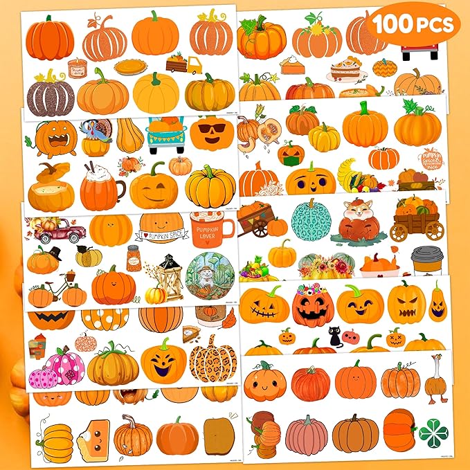 Cute Pumpkin Temporary Tattoos 10 Sheets 100 PCS Fall Pumpkin Party Decorations Favors Supplies Fall Theme Birthday Stickers Halloween Gifts for Boys Girls Kids Class School Prizes Carnival Christmas