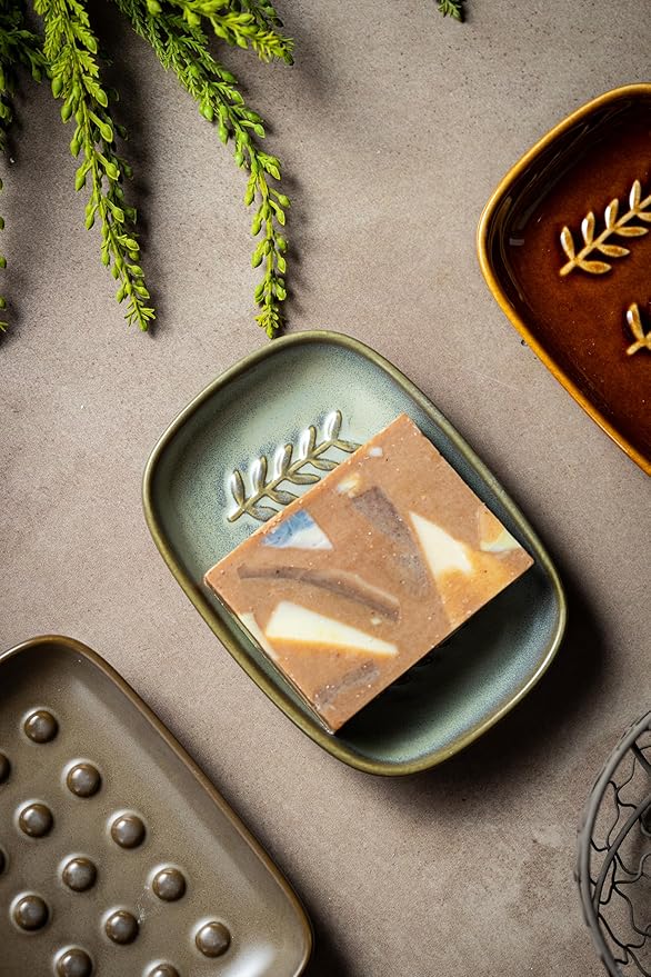 Ceramic Soap Dish Bar Soap Holder for Shower, Soap Dishes for Bar Soap Sponge, Shower Soap Saver Tray for Bathtub Bathroom Kitchen Sink, Farmhouse Housewarming Gift, Pro-Environment, Dark Green