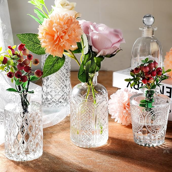 Clear Glass Bottles with Lids Bud Vases in Bulk Set of 12 Mini Flower Vase for Table Decor Small Bottle for Potion,Juice, Oils, Vinegar,Whiskey,Wine, with 2 Cleaning Brush,Dishwasher Safety