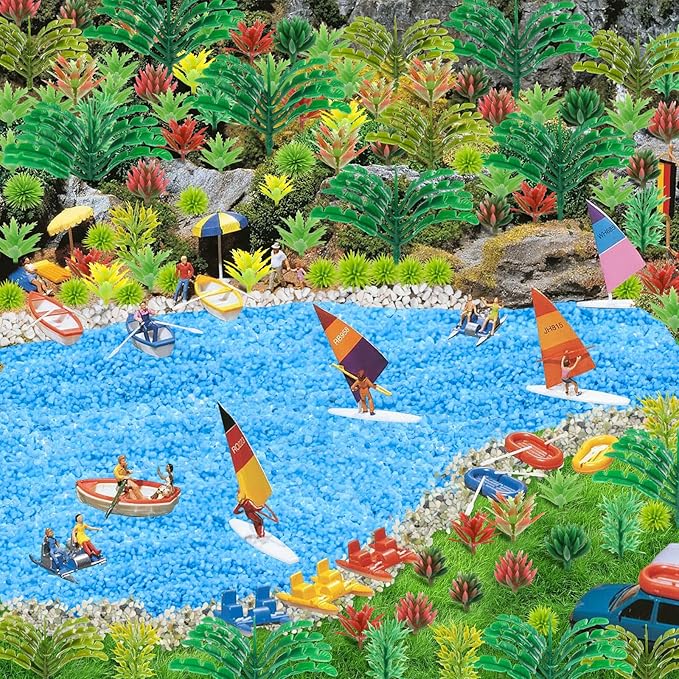QUOZUO 82pcs Model Plants Miniature Trees Train Scenery Rainforest Fairy Garden Accessories Model Railway River Sand Stone Artificial mini Plants Park Garden Scene Architecture Building Model