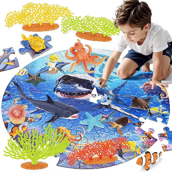 14PCS Realistic Ocean Sea Animals Coral Toys with 20" Floor Puzzles for Kids, Kids Ocean Animals Toys Including Shark,Octopus,Starfish,Sea Turtle for Toddler Boys Girls, Birthday Gifts