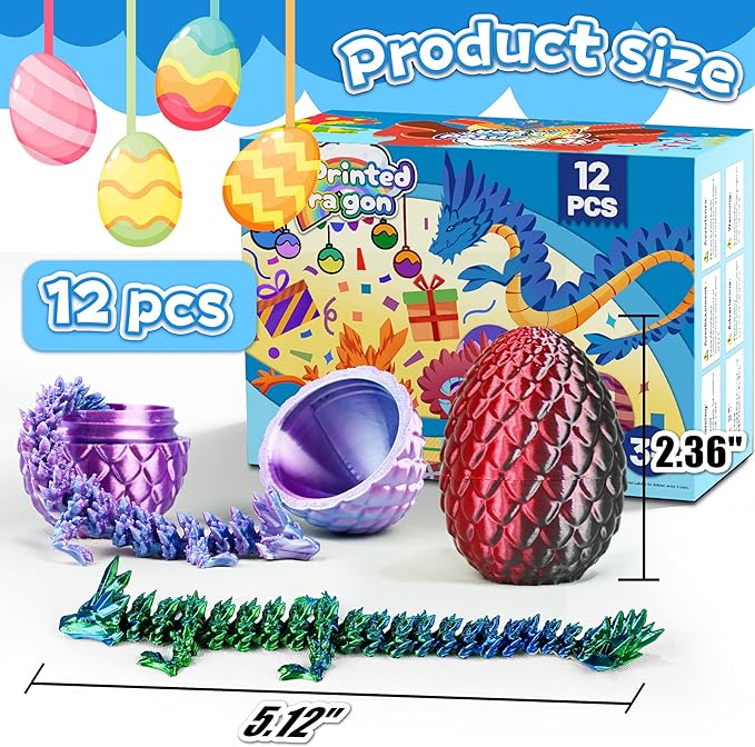 12PCS Easter Eggs 3D Printed Dragon Toys Eggs, Easter Basket Stuffers Fun Gifts, 3D Printing Toys for Kids, Fidget Toy for Adults Teens Boy Gifts Christmas Stocking Stuffers