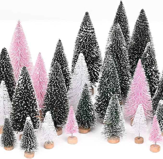 Waipfaru Pink Christmas Decorations, 30 Pcs Mini Bottle Brush Christmas Trees, Miniature Small Pine Trees for Xmas Tabletop Crafts Indoor Table Home Decor (Pink & White)