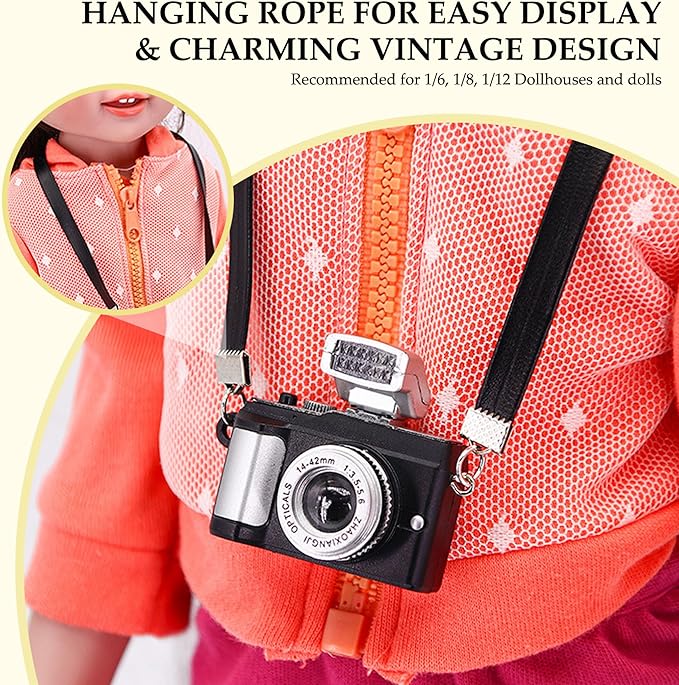 Mini Camera with Hanging Rope, Vintage Realistic Camera Ornament, Sturdy Reliable Prop Camera for 1/6 1/8 1/12 Scale Dollhouse Decoration Accessories Miniature Camera Minature Things Prop Camera Came