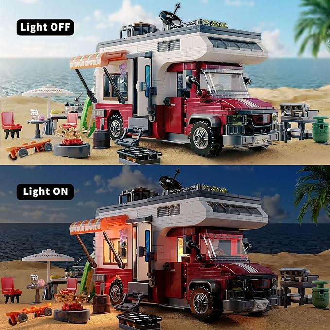 City Camper Van Building Set-Beach Camping Themed Construction Toy Kit with Mini Accessories&Lights, RV Car Model Compatible with Legos,Birthday Gift for Adults and Kids 6+(880 pcs)