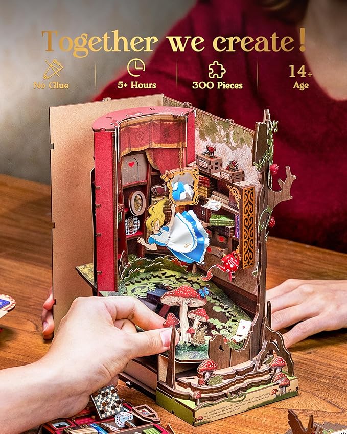 Rolife Book Nook Kit Fall into Wonder DIY Miniature Kit, 9.9" Tree Hollow Booknook 3D Wooden Puzzle with LEDs Fairy Tale Bookshelf Decor Gift for Adults Women Men