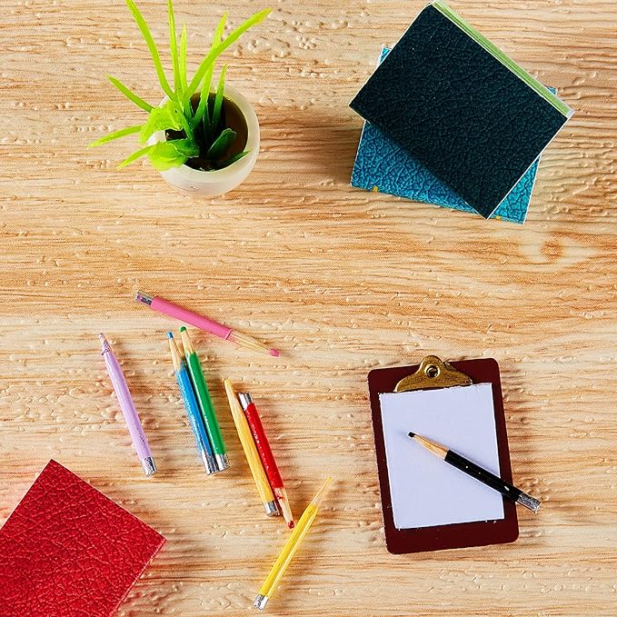 Sumind 4 Pieces Miniature Books with 8 Pcs Pencils and 2 Pcs Clipboards Mini House Decoration Accessories Coloring House Play Set for Miniature Room, DIY Crafting(Simple Style)
