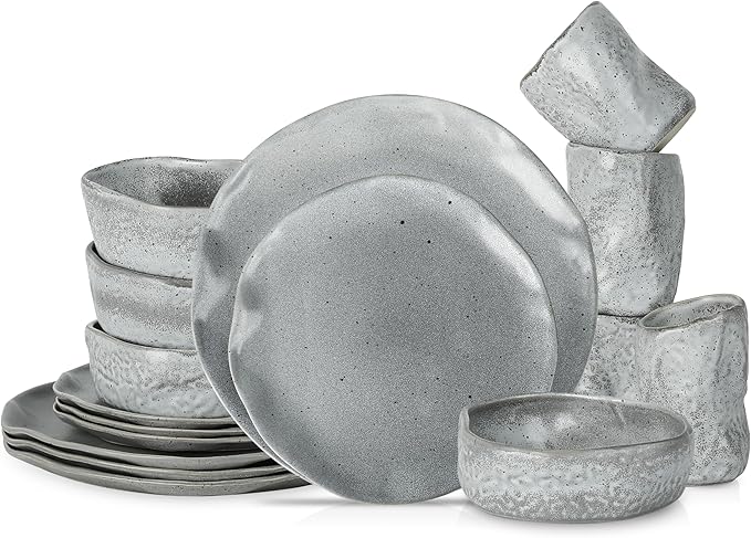 Stone by Mercer Project Atik Modern Stoneware 16-Piece Dinnerware Set, Plate and Bowl Set, Dish set for 4, Grey Speckled
