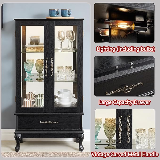 51" H Lighted Glass Curio Display Cabinet with 2 Doors & 1 Drawer, Wooden Glass Curio Showcase w/Adjustable Shelves & Mirrored Back Panel, Storage Cabinet Display Case for Living Room (Black)