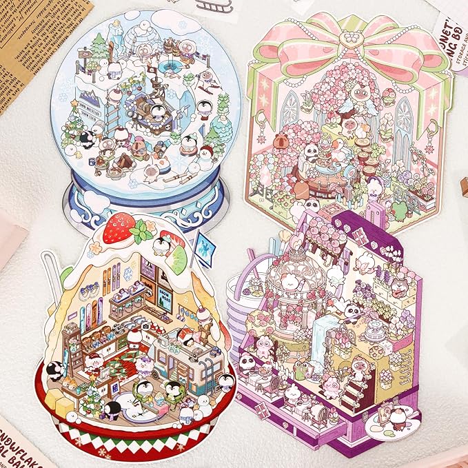 DIY 3D House Stickers, 4 Set Fun DIY Stickers Scene Make Your Own Snowball, Paint Box, Gift Box, Cake House,Cute 3D Cartoon Scene Sticker for Adult Kids Relief Stress Pass The Time