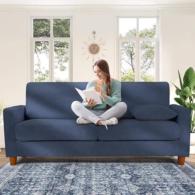 Kidirect 70in Corduroy Couch, Sofa No Tool Assembly, Comfy Couches for Living Room 21in Deeper Seats, Corduroy Sofas for Living Room with 2 Pillows, Oversized Loveseat Sofa, Boho Love Seat Blue Couch