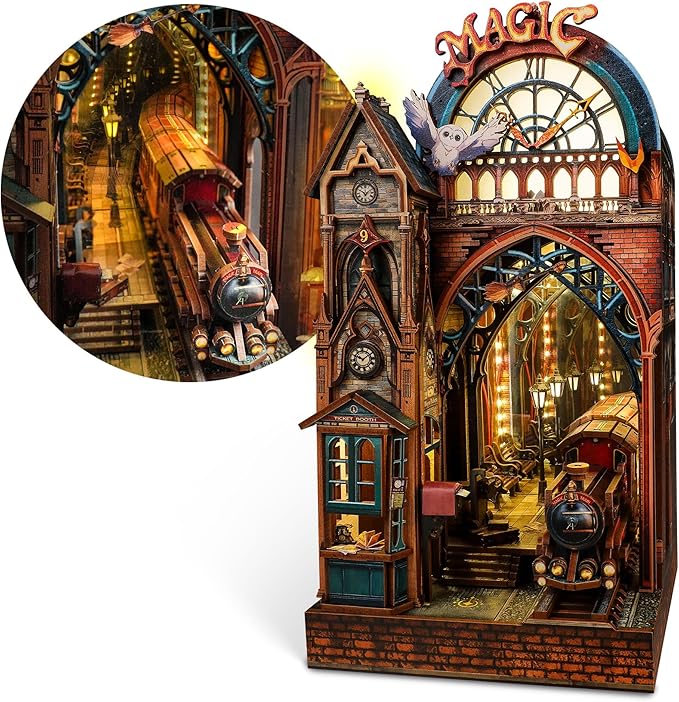 LED 3D Puzzle Magic Station Book Nook Kit - Interactive 3D Wood Puzzle LED Magical Miniature with Infinite Extension Space - DIY Bookshelf Insert Decor Gifts(Magic Station)