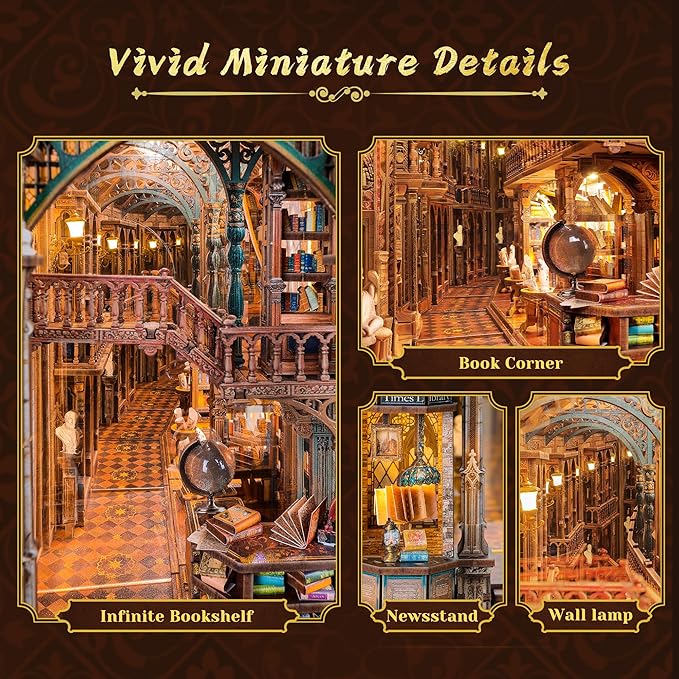 Magic Library Book Nook Kit – LED 3D Wood Puzzle with Infinity Mirror – DIY Bookshelf Decor, Miniature Craft Gift for Kids and Adults