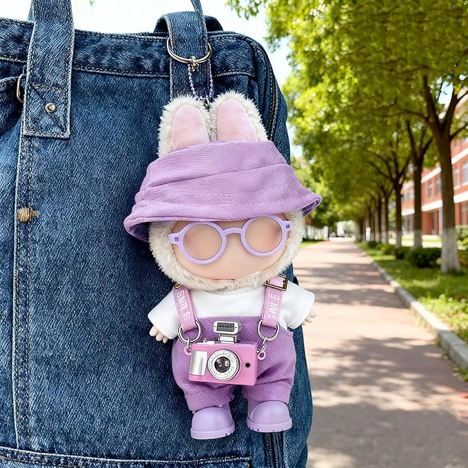 17cm Clothes Set(NO Doll), Hat & Overalls & Shirt & Shoes & Glasses & Camera Set for 17cm Accessories Suit, Stylish Dolls Clothes Accessories, Cute Clothes for Dress up Unique Style (Purple)