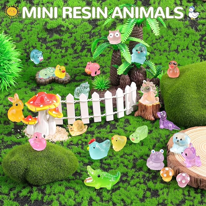 150PCS Mini Resin Animals Tiny Cute Figurines Glow in Dark, Miniature Figures to Hide, Little Animal Small Accessories for Topper Desk Garden Dollhouse Landscape Aquarium Ornaments Crafts & Decor