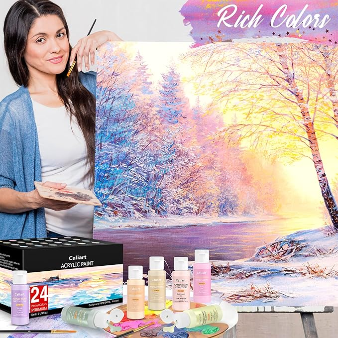 Caliart Acrylic Paint Set with 12 Brushes, 36 Pastel Colors (59ml, 2oz) Art Craft Paint for Artists Adults Beginners Painters, Canvas Ceramic Wood Fabric Rock Painting Supplies Kit