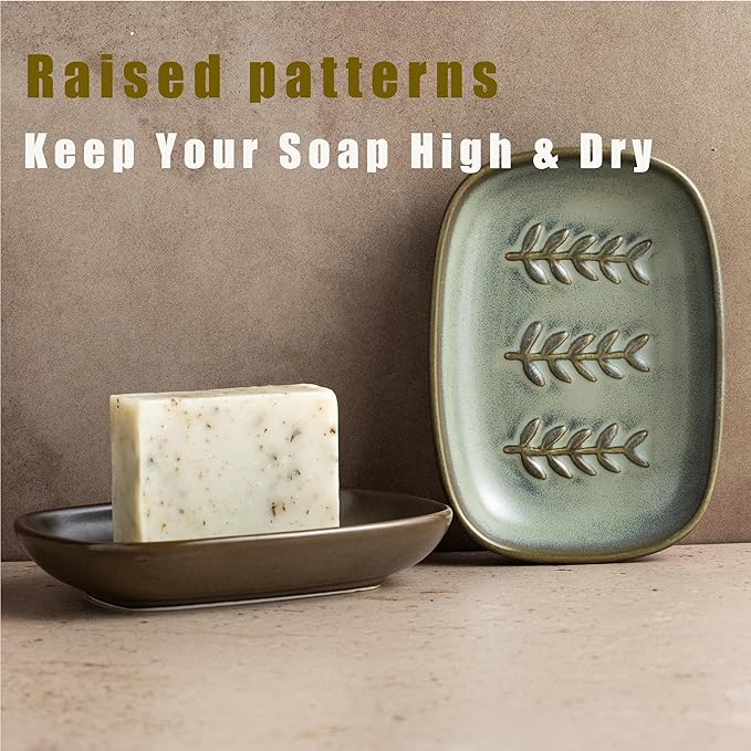 Ceramic Soap Dish Bar Soap Holder for Shower, Soap Dishes for Bar Soap Sponge, Shower Soap Saver Tray for Bathtub Bathroom Kitchen Sink, Farmhouse Housewarming Gift, Pro-Environment, Dark Green