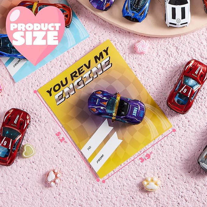 JOYIN 28 Valentines Day Gifts Cards with Die-Cast Racing Cars Vehicle for Kids School Classroom Exchange Party Favor Gift Supplies