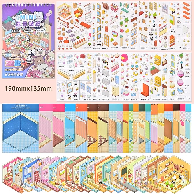DIY Mini Fun 3D Animal House Scene Stickers Book with Tweezers Make Your Own Bakery Shop Sticker Scenes Cute Micro Stickers for Relief Stress Pass The Time(20 Designs)