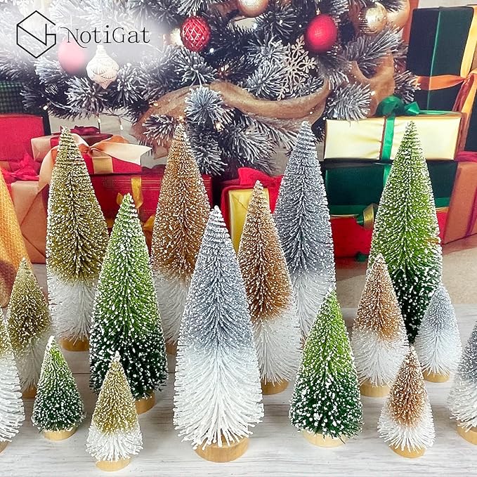 Mini Christmas Tree Bottle Brush Christmas Trees Decor for Christmas Decorations Wooden Bases (Double Green)