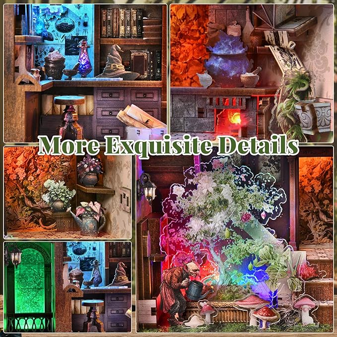 Book Nook Kit, DIY Miniature Dollhouse Booknook Kit, 3D Wooden Puzzle for Teens and Adults, Bookend Bookshelf Insert Decor with LED Light (Potion-Making Edition)