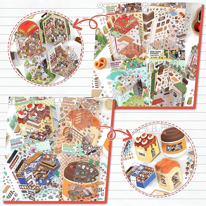 DIY 3D Sticker Scene, 8 Sets Fun DIY 3D House Stickers, Make Your Own Mini Room Scenes, Cute Cartoon 3D Miniature Scene Stickers Book, 3D Sticker Therapy for Adults Kids Relief Stress Pass The Time