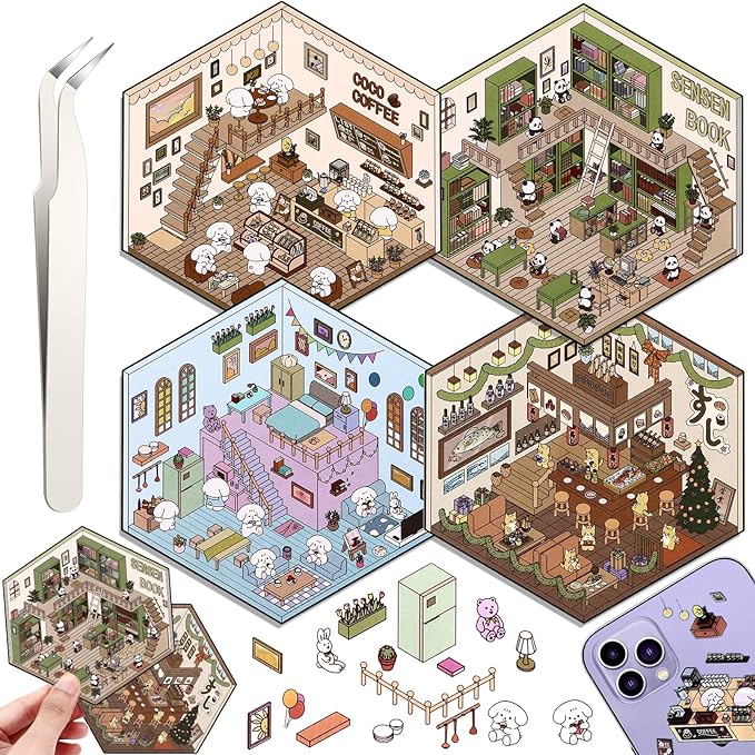 DIY 3D House Stickers, 4 Set Fun DIY Stickers Scene Make Your Own Warm Home, Supermarket, Coffee Shop, Music Bar, Cute 3D Cartoon Scene Sticker for Adult Kids Relief Stress Pass The Time (SY1.0)