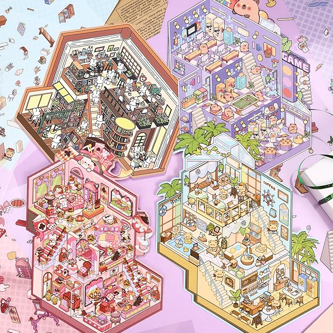 DIY 3D House Stickers, 4 Set Fun DIY Stickers Scene Make Your Own Warm Home, Supermarket, Coffee Shop, Music Bar, Cute 3D Cartoon Scene Sticker for Adult Kids Relief Stress Pass The Time(XMPLUS3.0)