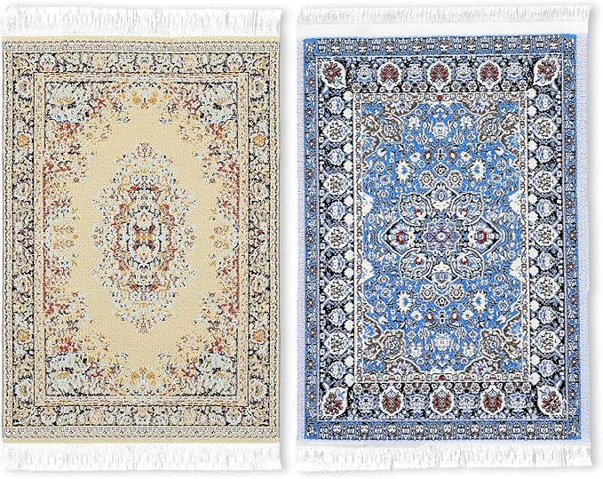 Dollhouse Rug 2Pcs Miniature Accessories, 1:12 Vintage Woven Dollhouse Rugs, Mini Floral Print Carpet for Miniature Furniture Floor Decoration Accessory (Blue, Yellow)