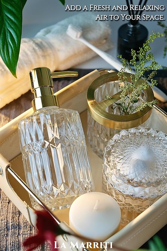 LaMarriti Glass Bathroom Accessories Set, 5pcs Crystal Clear Bathroom Set Accessories, Soap Dispenser, Toothbrush Holder Set, Soap Dish, Tumbler, Qtips Holder for Vintage Bathroom Decor, Gift Set