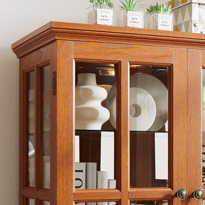 68" H Glass Curio Display Cabinet with Light, 6-Tier Wooden Glass Storage Showcase w/ 4 Doors & Adjustable Shelves, Vintage Accent Cabinet w/Mirrored Back Pane for Home & Office