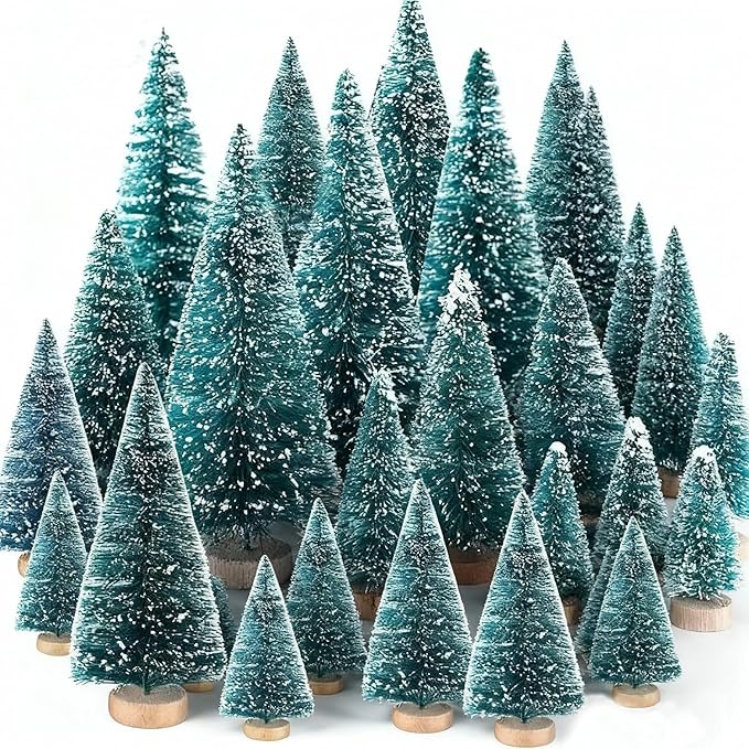 Yahpetes Christmas Trees 35 Pcs Artificial Sisal Trees Bottle Brush Trees Blue-Green Sisal Trees with Wood Base, Tabletop Xmas Trees for Christmas Decoration and Display, 4 Sizes(Blue-Green 35Pcs)