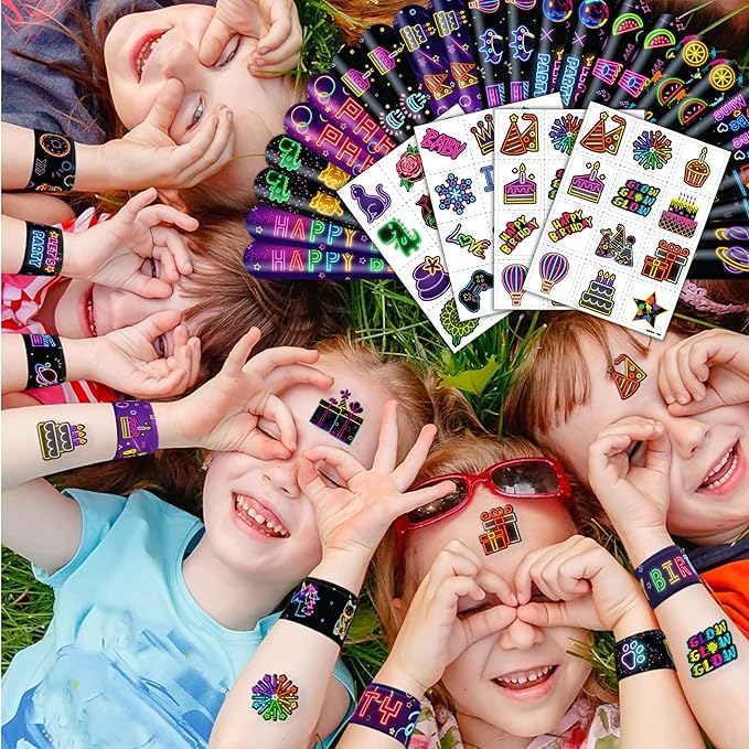 72 PCS Neon Party Set - 48 Neon Temporary Tattoos, 24 Slap Bracelets Wristbands - Fun Glow Party Supplies for Birthday, Baby Shower, Classroom Rewards, Decorations & Gifts for Kids