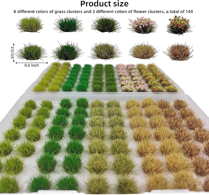 gdeplok 140 Pcs Static Grass Tufts & Miniature Flower Clusters - Artificial Grass Terrain Scenery Kit for Model Train Railway, Military Sand Table, DIY Diorama Landscape (B)
